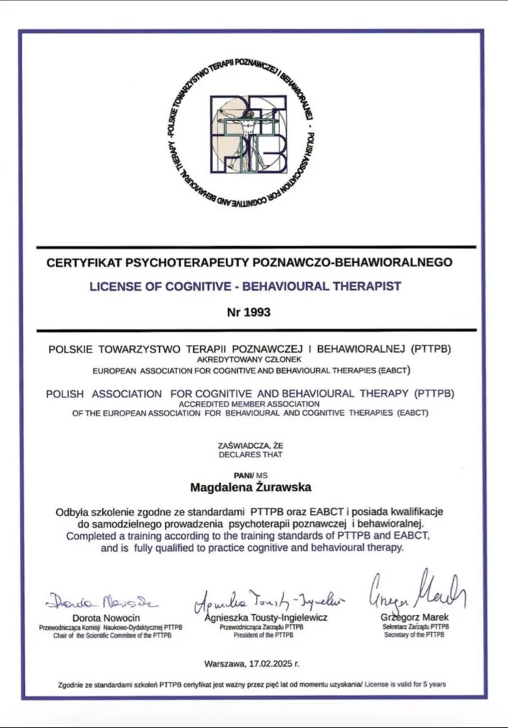 Certyfikat psychoterapeuty poznawczo-behawioralnego PTTPiB nr 1993 Magdaleny Żurawskiej